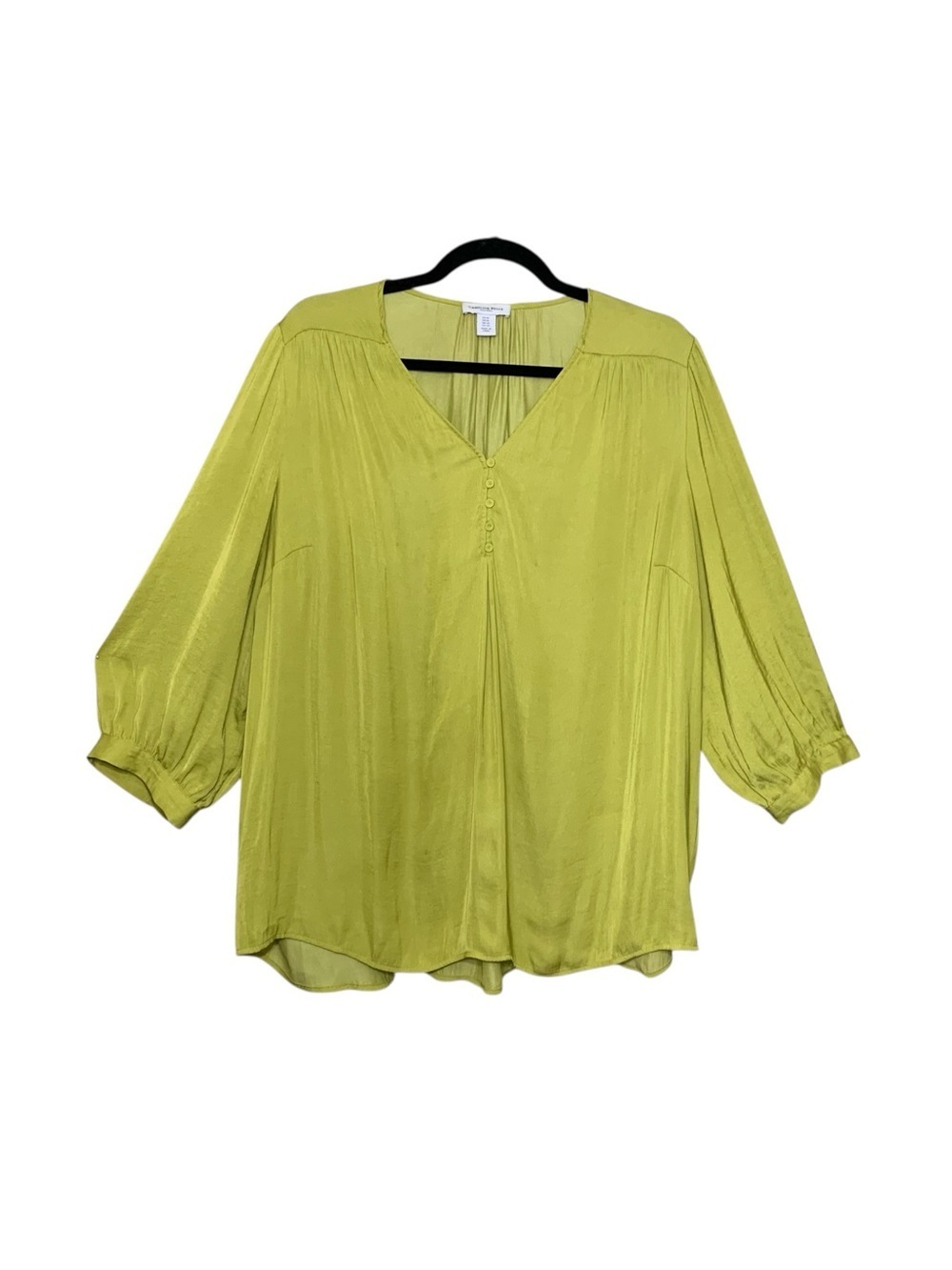 Carolina Belle Green Lime V-Neck Blouse Sz 1X Flowy Satiny 3/4 Sleeve Summer Top